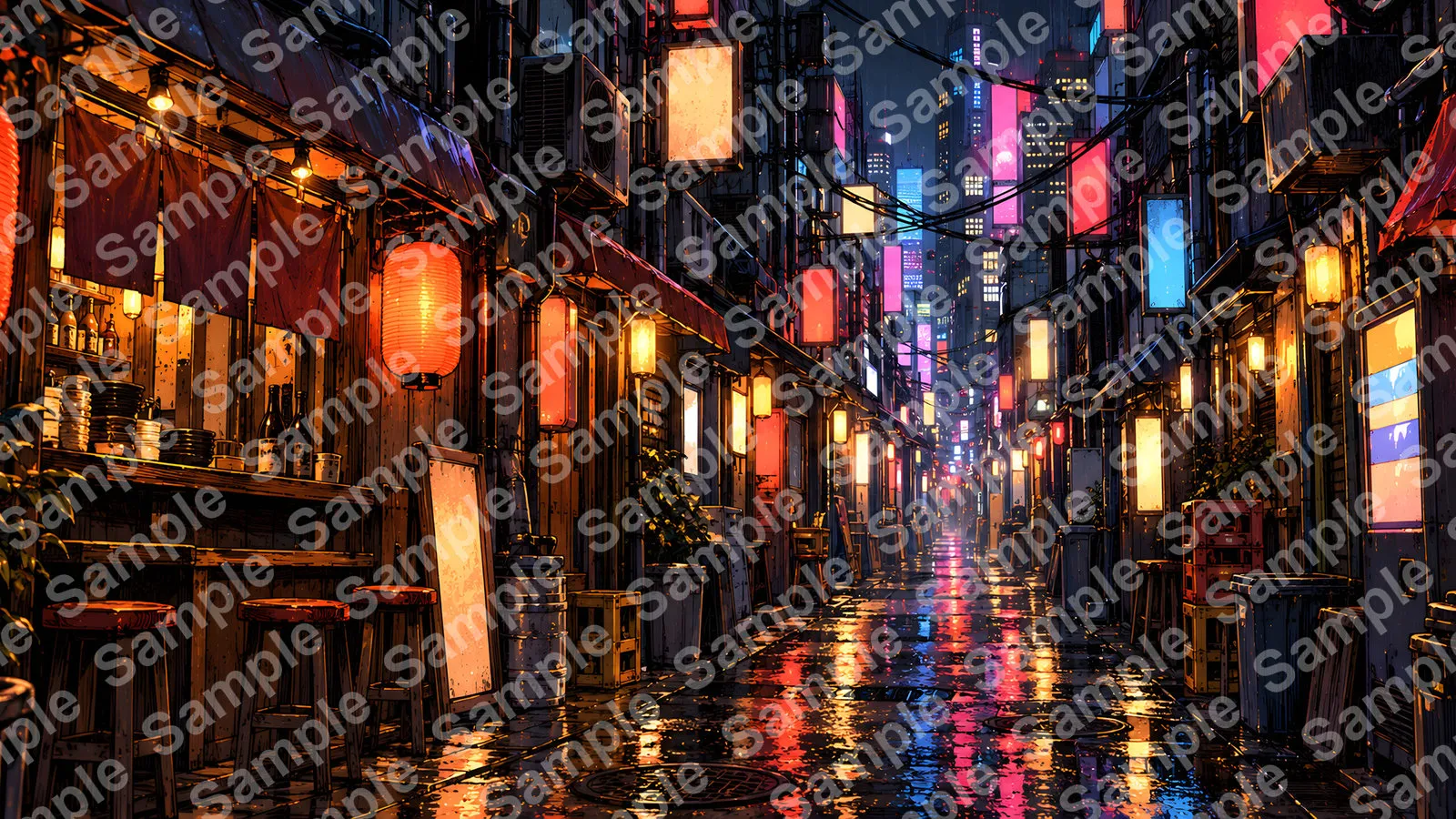 雨上がりの歌舞伎町・路地裏（ネオンの反射と深い影）