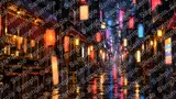 雨上がりの歌舞伎町・路地裏（ネオンの反射と深い影）