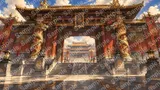 龍の彫刻がそびえる朱色の皇宮門