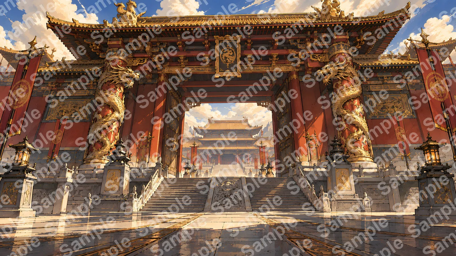 龍の彫刻がそびえる朱色の皇宮門
