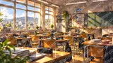 休み時間の明るい教室（日差しと掲示板）
