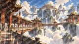浮遊岩を結ぶ朱塗りの空中回廊
