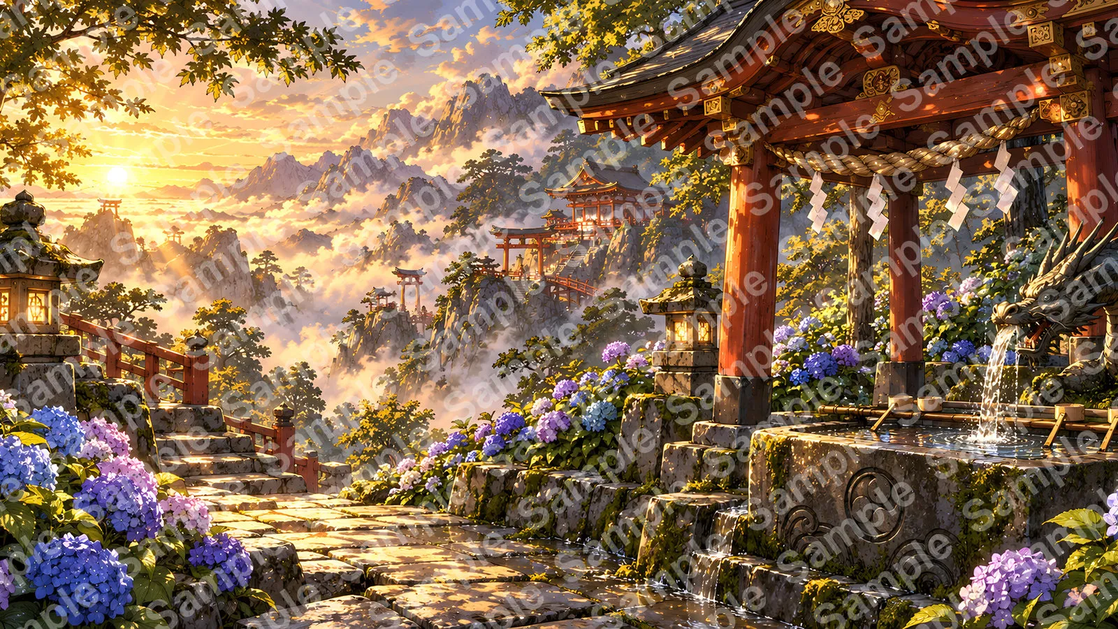 湧き出る神水と青い紫陽花に囲まれた手水舎