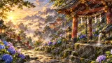 湧き出る神水と青い紫陽花に囲まれた手水舎