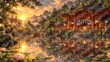 鏡のような神池に映る朱塗りの拝殿