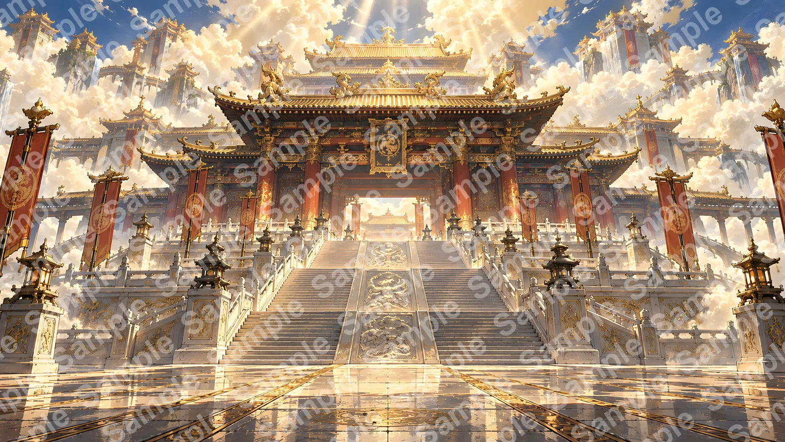 白玉の階段と雲に包まれた凌霄宝殿