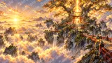 天空から降り注ぐ光の柱と浮遊する神木