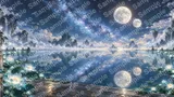 双月が映る天界の鏡池と翡翠の護栏