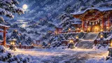 静寂に包まれた雪の境内に灯る石灯籠