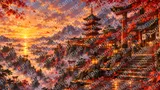 夕闇に染まる紅葉と五重塔の境内