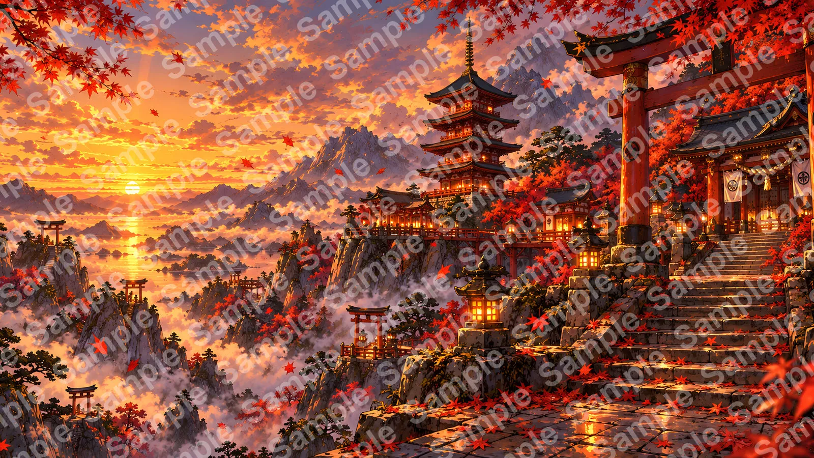 夕闇に染まる紅葉と五重塔の境内