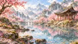 桃源郷の桃園と透きとおる清流