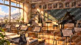 グランドピアノと譜面台のある音楽室
