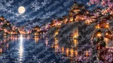 満開の夜桜に包まれた城の堀と石垣