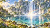 虹色の滝と透明な湖畔
