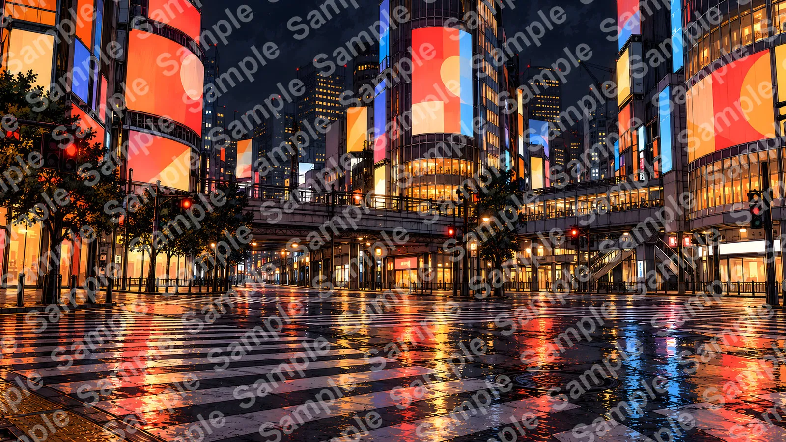 渋谷スクランブル交差点の夜景（眩しい大型ビジョンと大群衆の影）