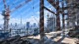 建設中の超高層ビルとクレーンのシルエット（夕暮れ）