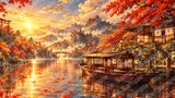 紅葉の川を下る木造船と川沿いの茶屋