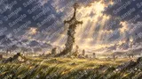 風化させた巨大な剣が突き刺さる平原