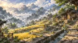 金色の稲穂がそよぐ段々畑と霞立つ村