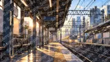 夕暮れの駅ホーム（ヘッドライトの光とホームの影）