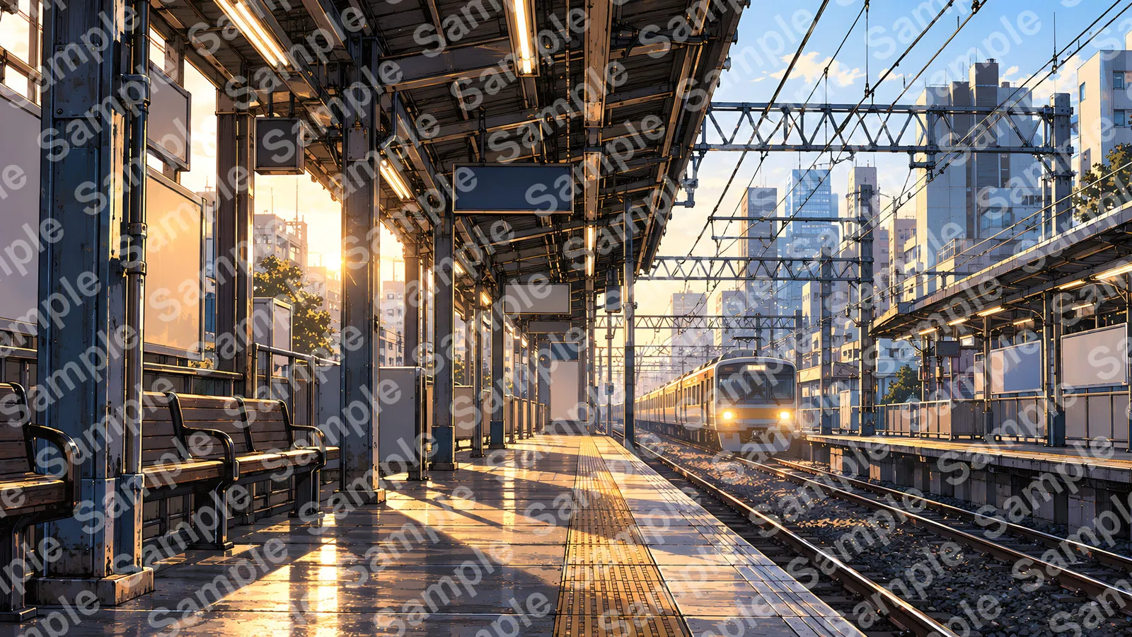 夕暮れの駅ホーム（ヘッドライトの光とホームの影）