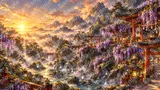 霊力が漂う紫の藤棚と神聖な渓谷
