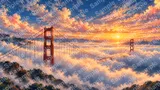 サンフランシスコのゴールデンゲートブリッジを包む濃霧と夕空
