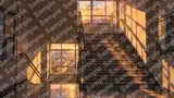 夕暮れ時の階段と影が伸びる踊り場