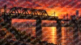 多摩川の鉄橋を渡る電車のシルエットと夕日