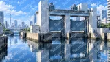 巨大な水門と運河の夜景（水面の光の反射）