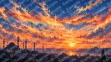 イスタンブールのモスク群と渡り鳥のシルエットが舞う黄昏