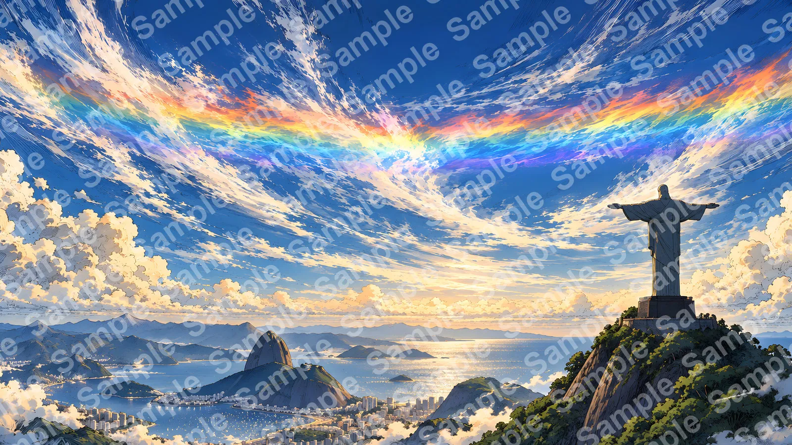 リオデジャネイロのコルコバードのキリスト像と青空・道雲