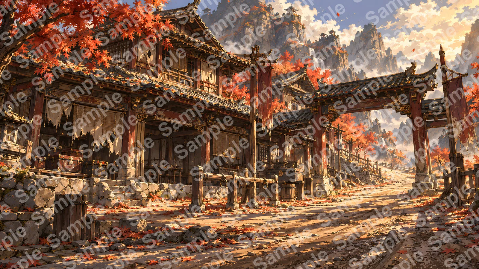 紅葉の山道に佇む廃れた驿站の宿場