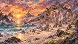 太古の巨大な化石魚が横たわる白砂の海岸