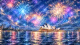 シドニーオペラハウスの上空に上がる年越し花火と夜空