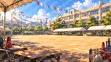 万国旗とテントが立ち並ぶ体育祭のグラウンド
