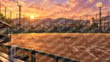 照明塔がともる夕方の野球部グラウンド