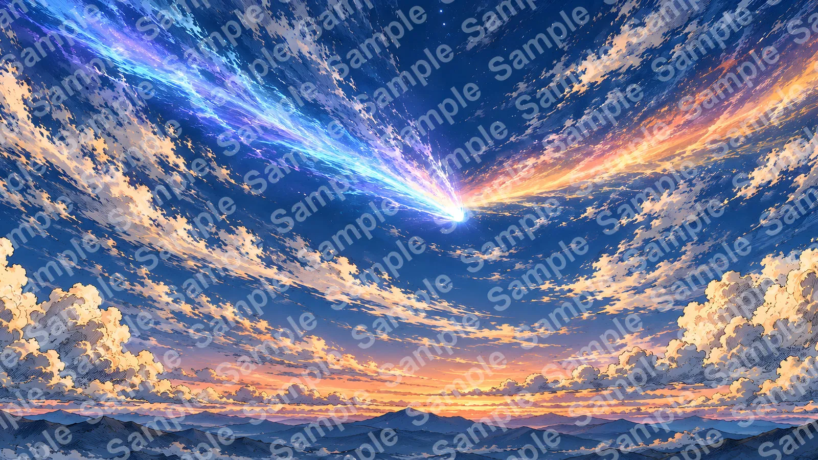 二本の長い尾を引く大彗星と黄昏の空