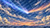 二本の長い尾を引く大彗星と黄昏の空