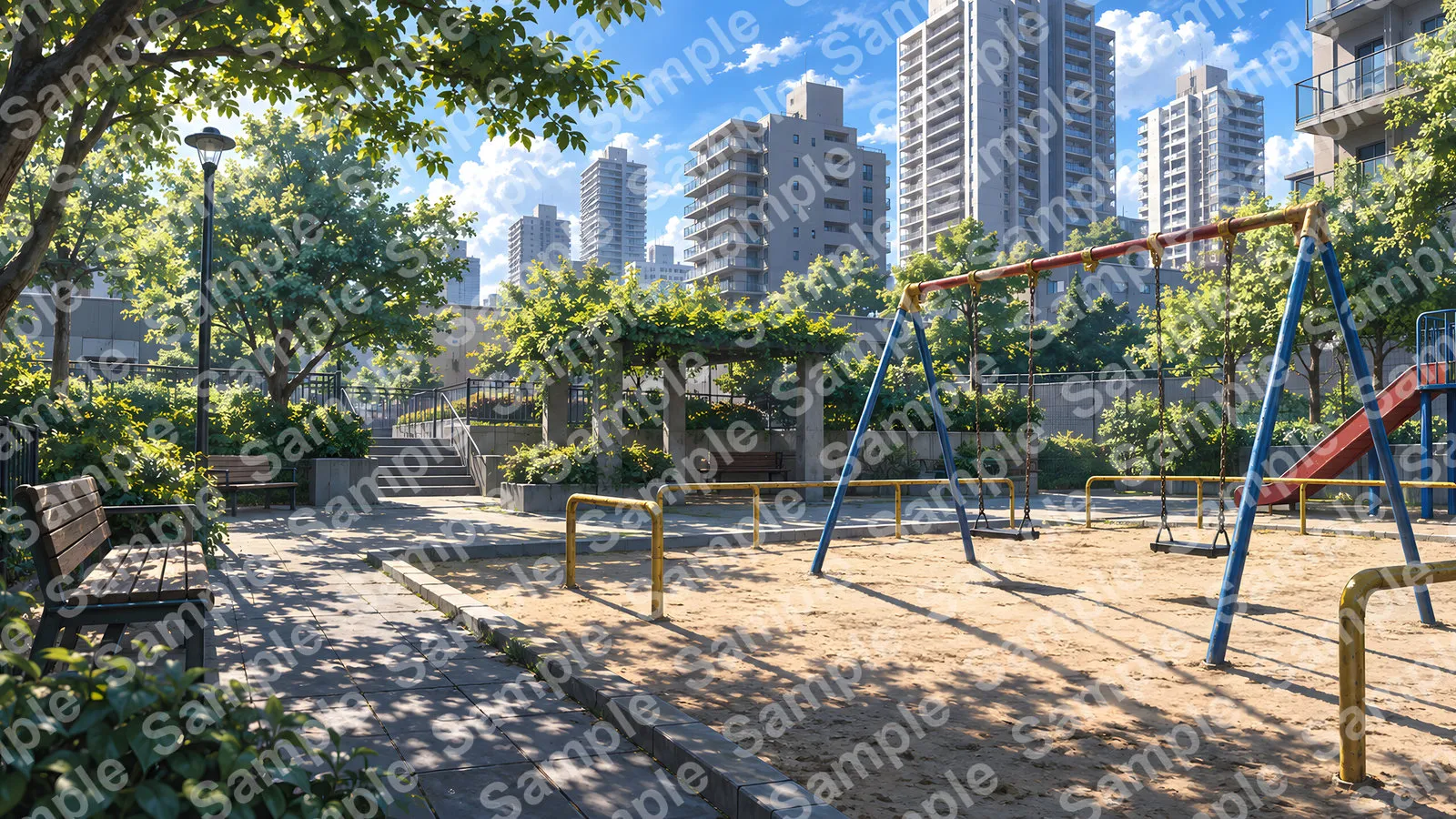 ビル群を背景にした公園の遊具と影（ノスタルジー）