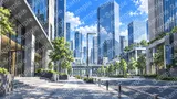 港区のオフィス街の黄昏（グラデーション空と点灯し始めるビル）