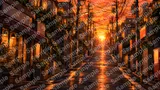 坂道の上の夕日と電線格子のシルエット