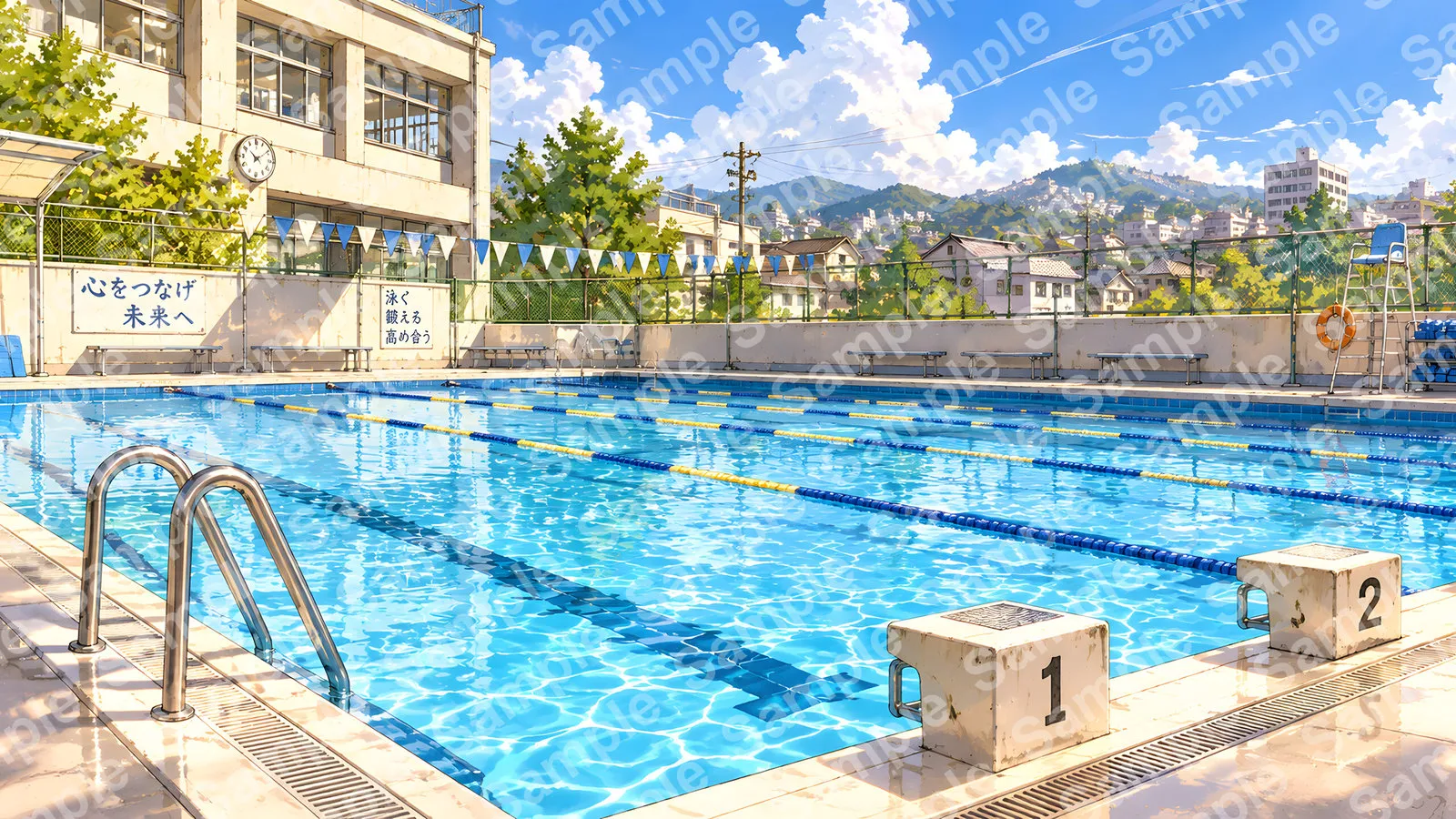 キラキラと水面が輝く夏の屋外プール
