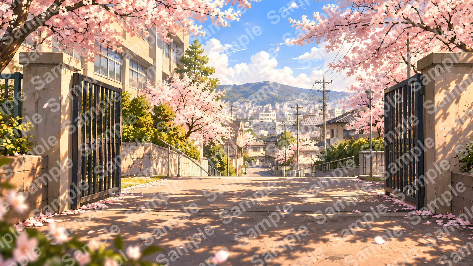 満開の桜並木と坂の上の校門（春・登校）