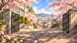 満開の桜並木と坂の上の校門（春・登校）