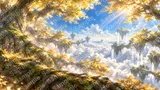 世界樹の天頂（輝く葉と光の粒子）