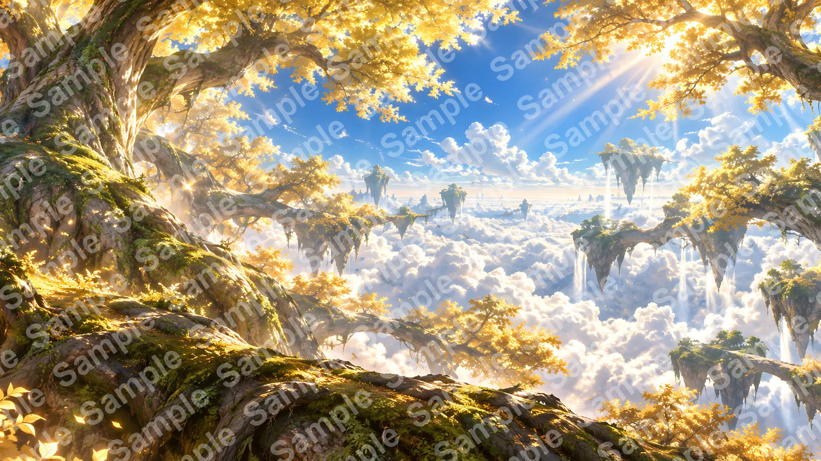 世界樹の天頂（輝く葉と光の粒子）