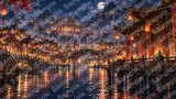 水面に赤い提灯が反射する古鎮の夜景（鳳凰古城風）