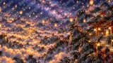 宙に浮く無数の行灯と星空の幻想空間
